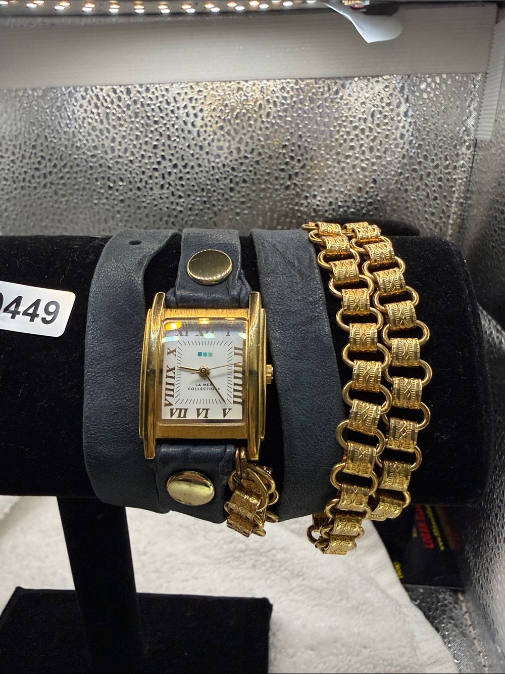 La Mer Gold-Tone Rectangular Watch w/Black Wrap Strap and Gold-toned chain